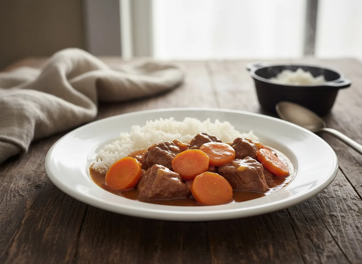 Bœuf carottes mijoté, sauce brune et riz blanc