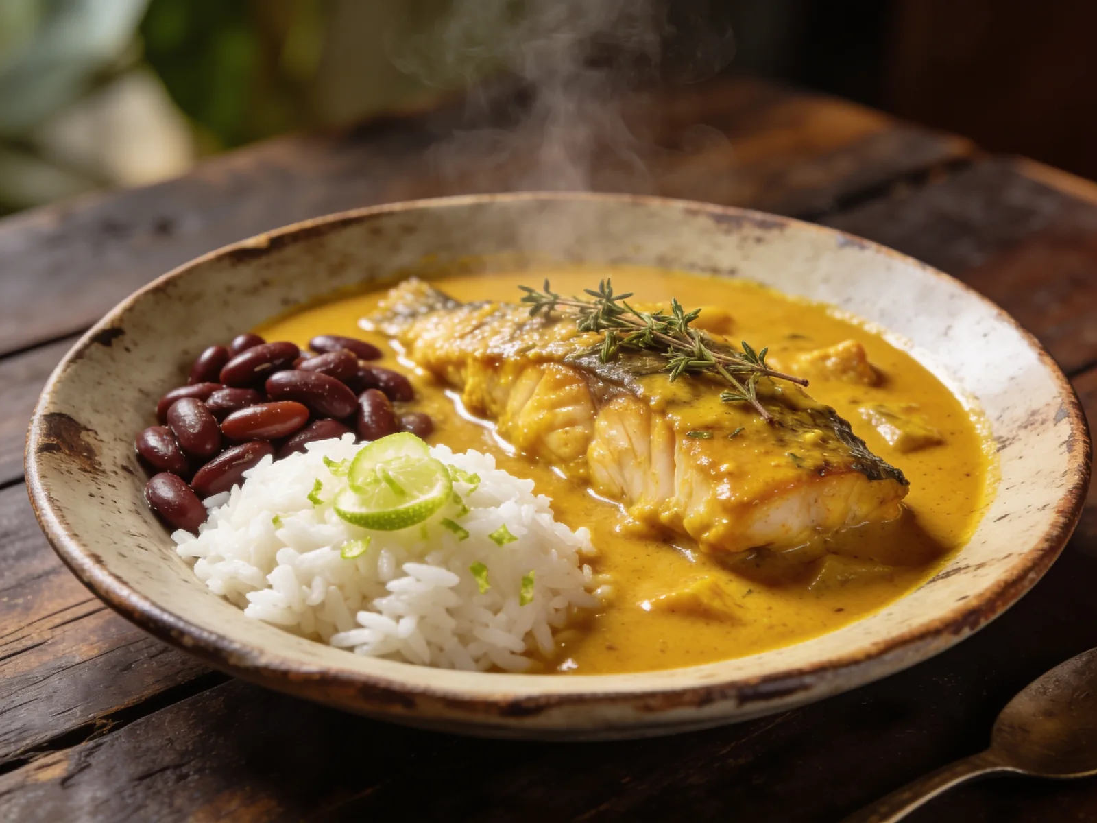 Carry de poisson au curcuma, riz blanc et haricots rouges