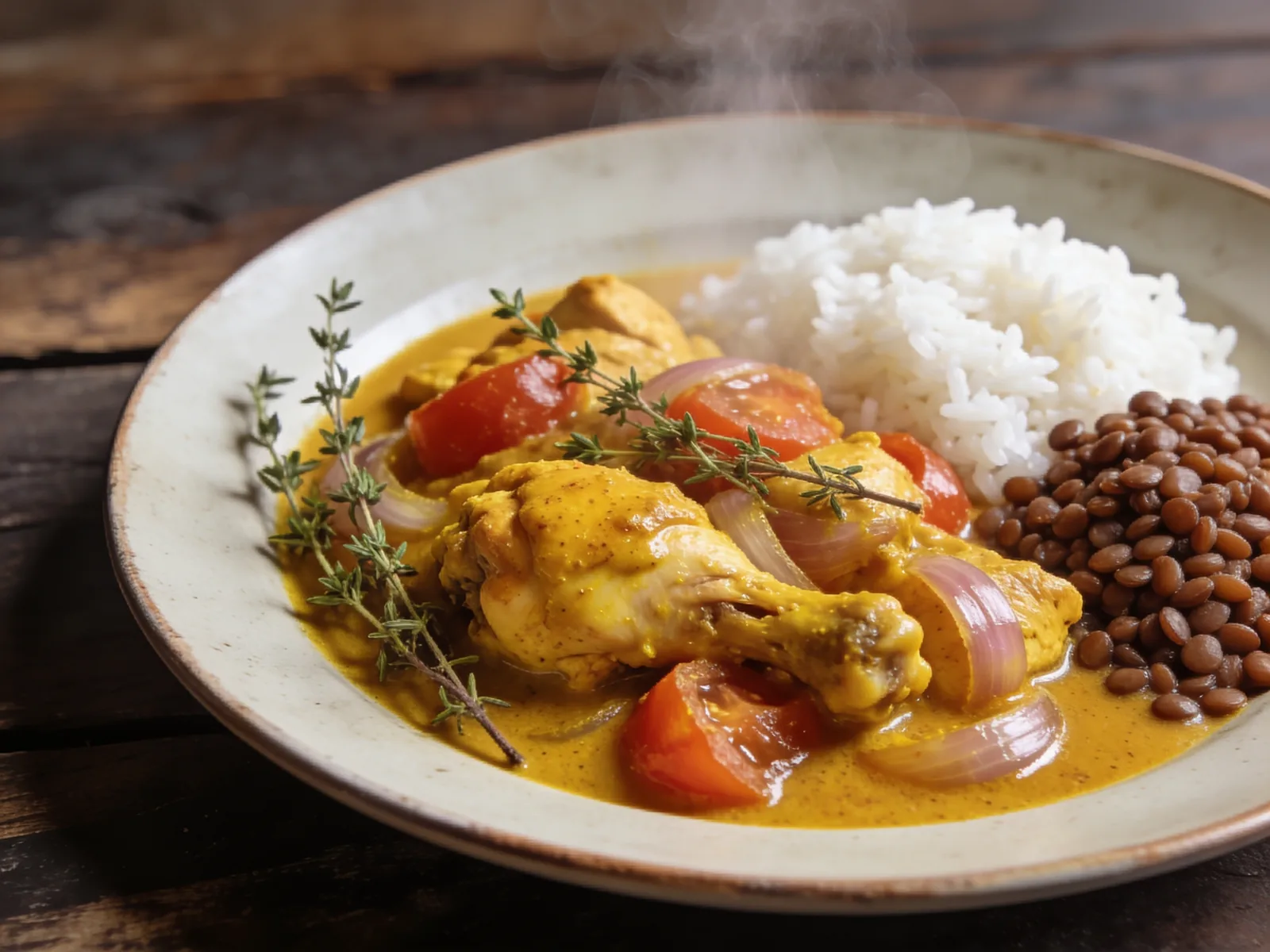 Carry poulet doré au curcuma, riz et lentilles