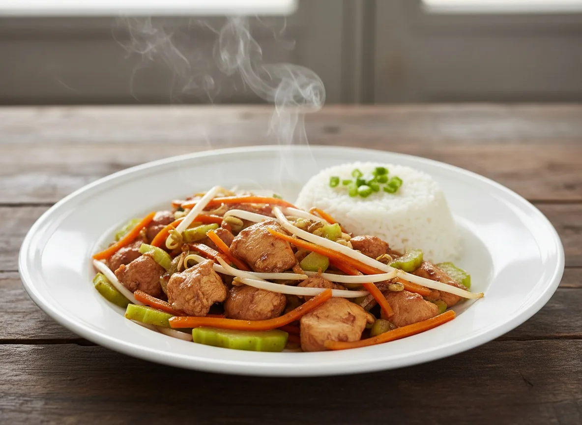 Chop suey de légumes croquants et poulet, sauce soja