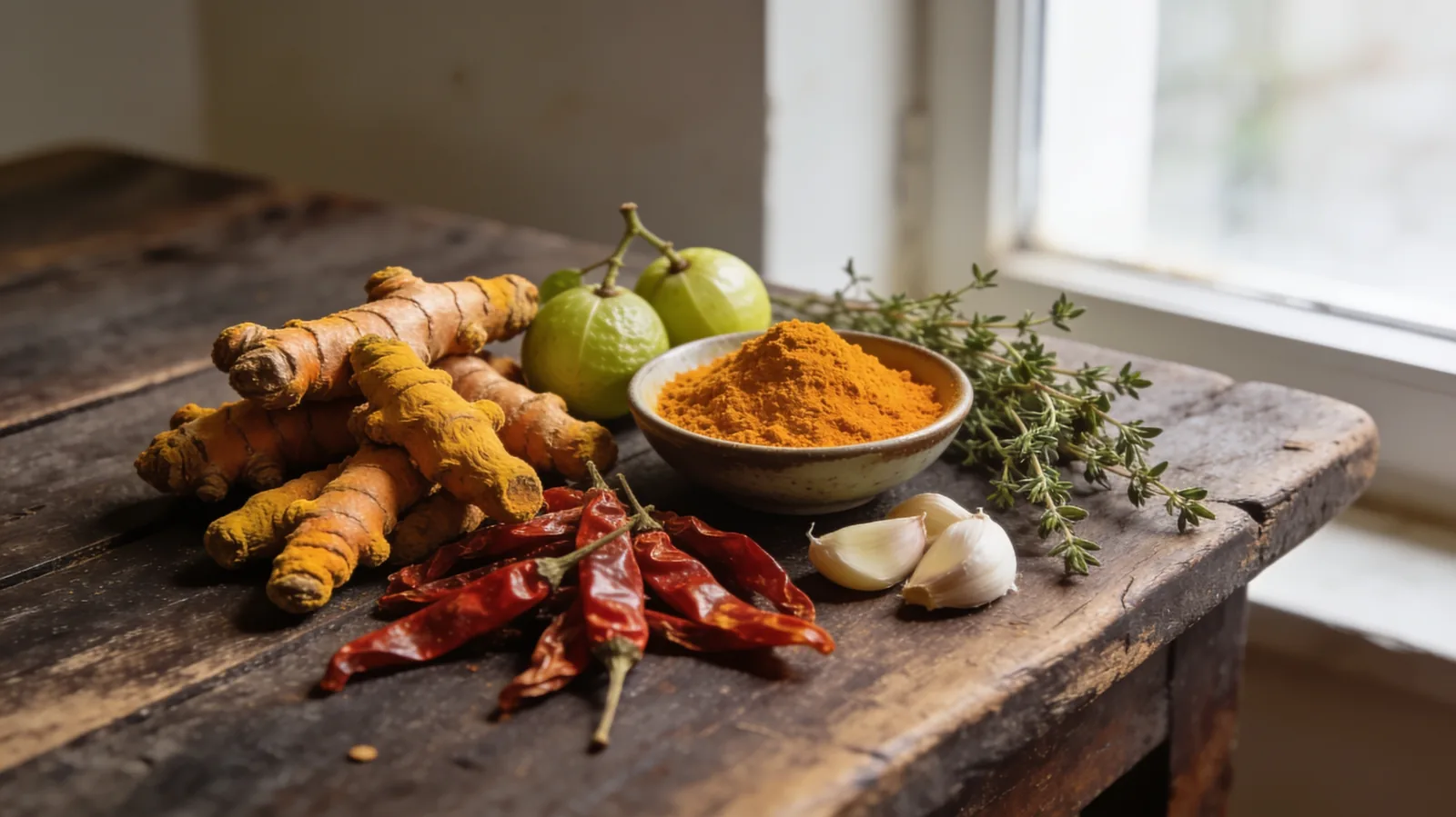Curcuma frais et en poudre, piments, combava, thym et massalé sur bois sombre