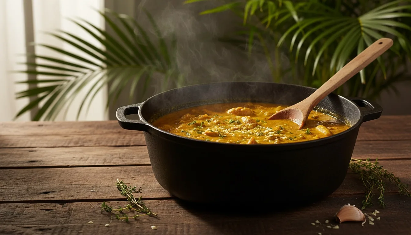 Marmite de carry créole au curcuma qui fume sur une table en bois, feuillage tropical en fond