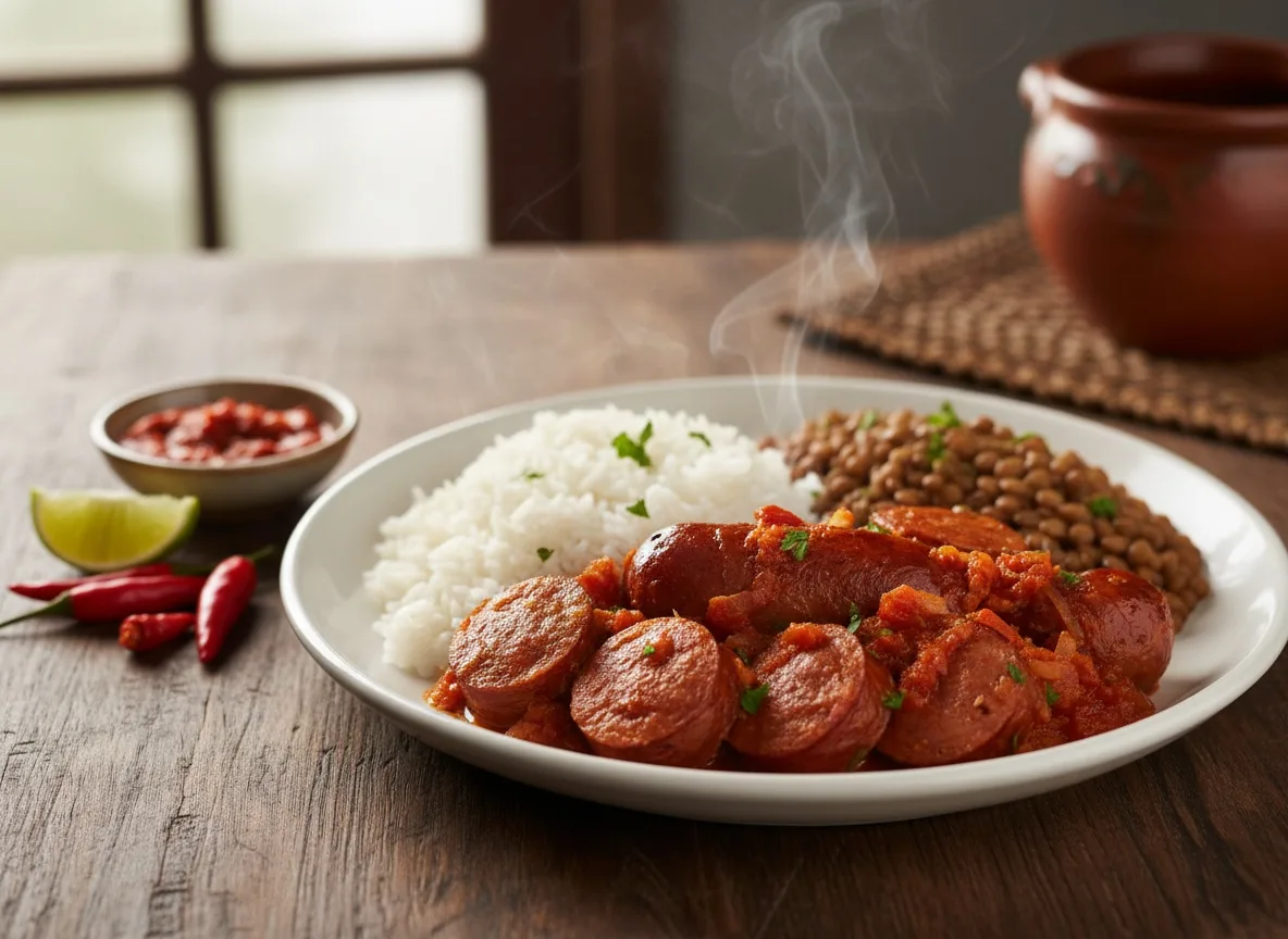 Rougail saucisse aux tomates et oignons, riz blanc et grains de Cilaos